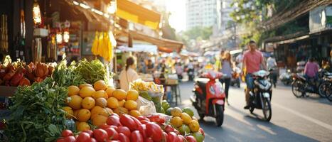 vibrant street market showcasing local cuisine and fresh produce, bustling with activity and sunlight photo