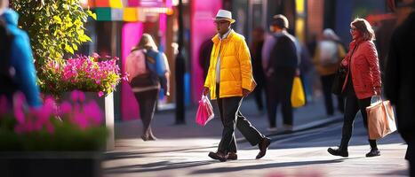 vibrant street scene showcasing diverse emotions among pedestrians, with colorful backgrounds and lively atmosphere photo