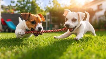 Two small dogs playing with a rope in the grass photo