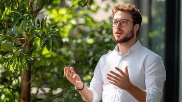 A man with glasses and a white shirt is standing in front of a tree photo