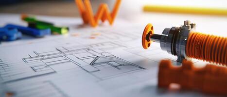 A close up of a mechanical device on top of a blueprint photo