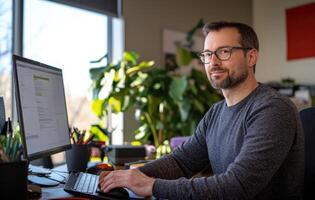 A man in glasses sits at a desk with a computer photo