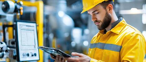 A man in a yellow hard hat and yellow shirt is using a tablet photo