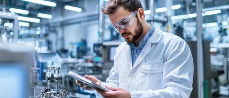 A man in a lab coat is using a tablet photo