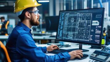 A man in a hard hat and blue shirt is working on a computer photo
