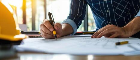 A man is writing on a piece of paper with a yellow pen photo