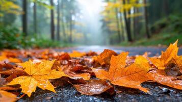 Fallen leaves cover misty forest road, creating serene autumn scene photo