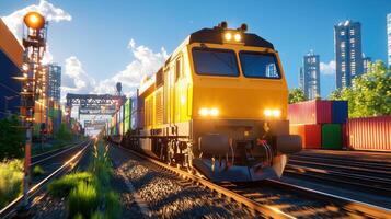 Efficient freight train loading with colorful containers in urban setting photo