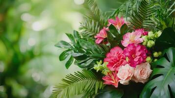 A bouquet of flowers is sitting on a green leaf photo