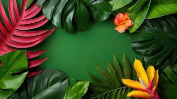Tropical leaves and flowers on a green background photo