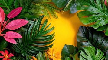 Tropical leaves and flowers on a yellow background photo