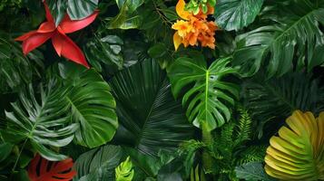 A tropical jungle background with many different plants photo