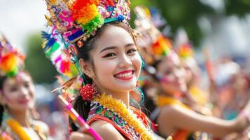 A woman in colorful headdress is smiling photo