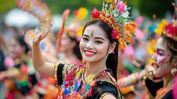 A woman in colorful clothing dancing in a parade photo