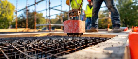 Construction workers using a concrete mixer on a concrete slab photo