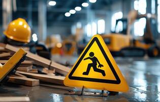 A yellow caution sign with a man walking on it photo
