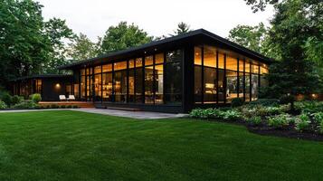 Modern home with large glass walls and lush green lawn photo