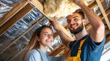 A man and woman are smiling while holding insulation photo