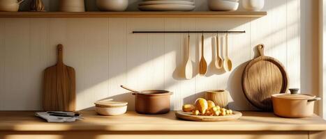 A kitchen with wooden utensils and dishes on a shelf photo