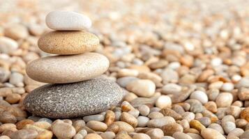 Balanced stones serene setting create calming atmosphere. This minimalist zen garden landscape features gentle colors and photo