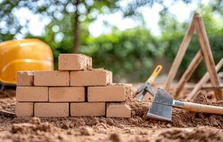 Building bricks stacked on soil with masonry tools nearby, showcasing construction work photo