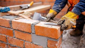Brick laying with masonry tools, showcasing skilled craftsmanship and precision photo