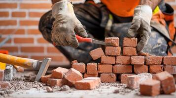 Brick laying with masonry tools in use, showcasing craftsmanship and precision photo