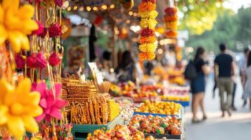 Brightly colored stalls filled with festive decorations and vibrant flowers create lively atmosphere photo