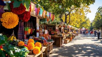 A street market with colorful flowers and fruit photo