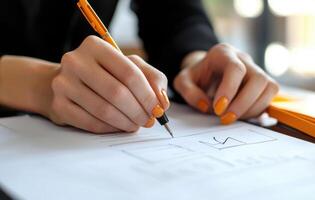 A person is writing on a piece of paper with a pen photo