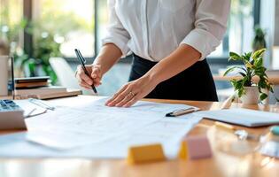 businesswoman drafting comprehensive business plan with focus and determination photo