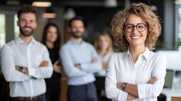 Empowered businesswoman leading diverse team in modern office environment photo
