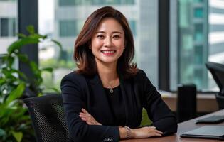 An asian woman in a business suit sitting at a desk photo