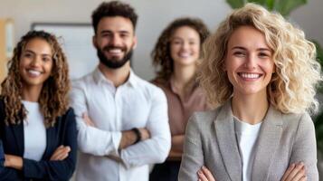Empowered businesswoman leading diverse team in modern office setting photo