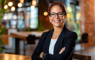 A woman in glasses and a business suit sitting at a table photo