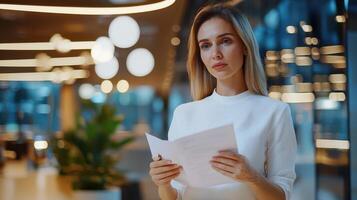 Focused businesswoman in stylish dress reviewing documents in modern office photo