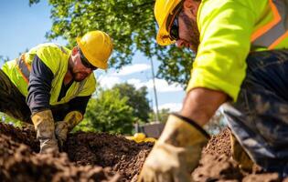 Construction workers focus on safety while digging foundation photo