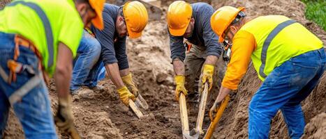 A group of construction workers digging in the dirt photo