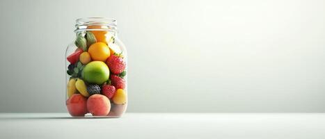 Fresh fruits in minimalist jar on neutral backdrop, showcasing vibrant colors and natural beauty photo
