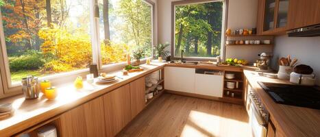 A kitchen with a view of the outdoors photo