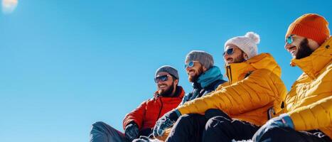 Four people in winter clothing sitting on a mountain photo