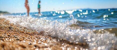 Two people are walking on the beach with water splashing photo
