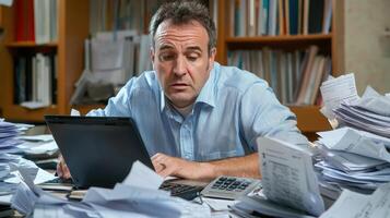 A man sitting at a desk with a laptop and papers photo
