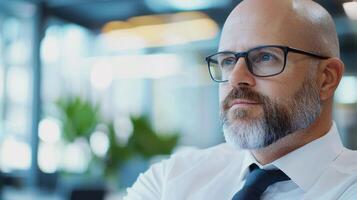 A bald man with glasses and a beard photo