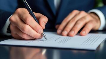 A man in a suit is signing a document photo