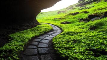 winding cave path sprawled with moss, showcasing vibrant greenery and natural beauty photo