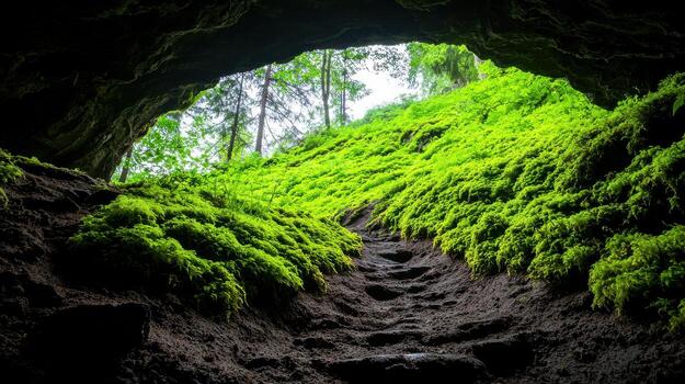 A cave with mossy floor and steps leading into it photo