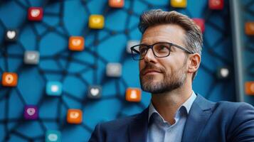 businessman gazes thoughtfully at vibrant blue wall adorned with colorful icons, reflecting innovation and creativity photo