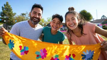 Family celebrating milestone with joy and colorful banner outdoors photo