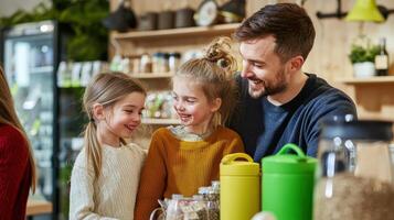 A man and two children are standing in front of a counter photo